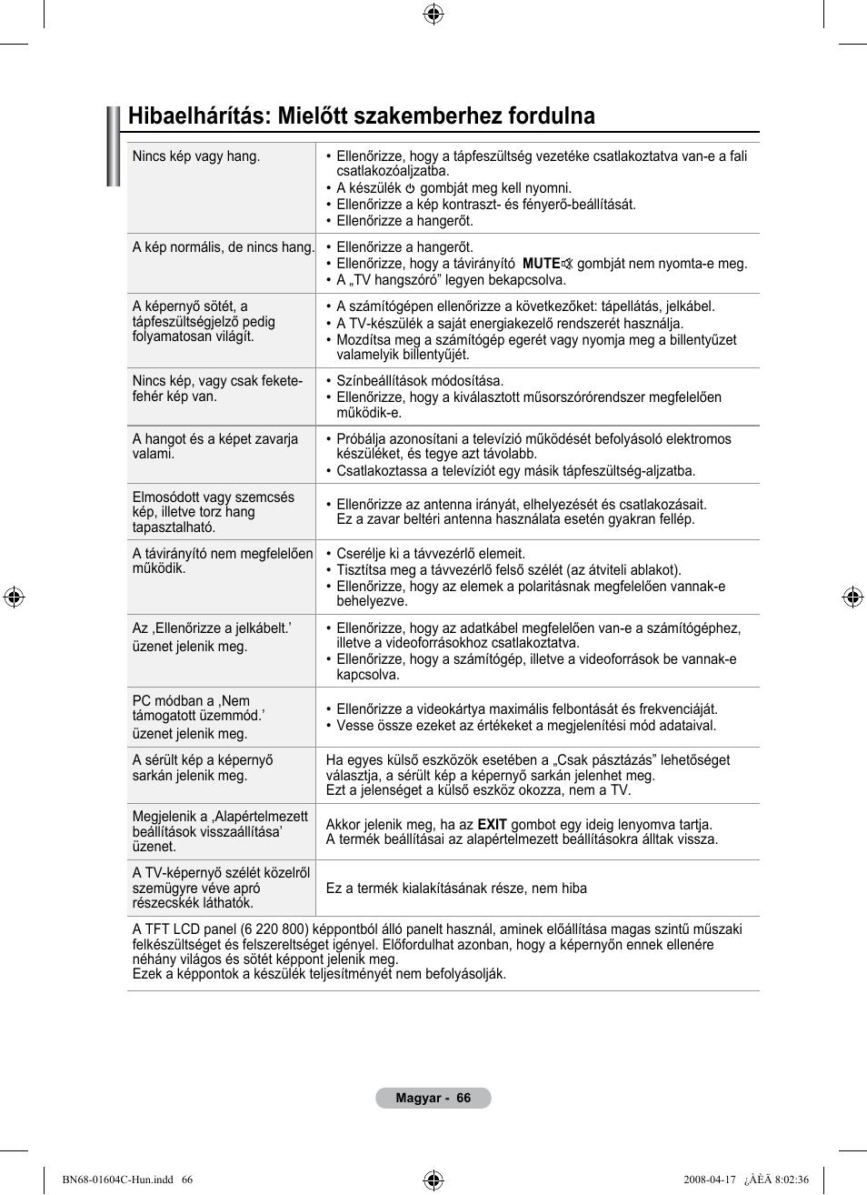 Hibaelhárítás: mielőtt szakemberhez fordulna | Samsung LE37A616A3F User Manual | Page 136 / 614