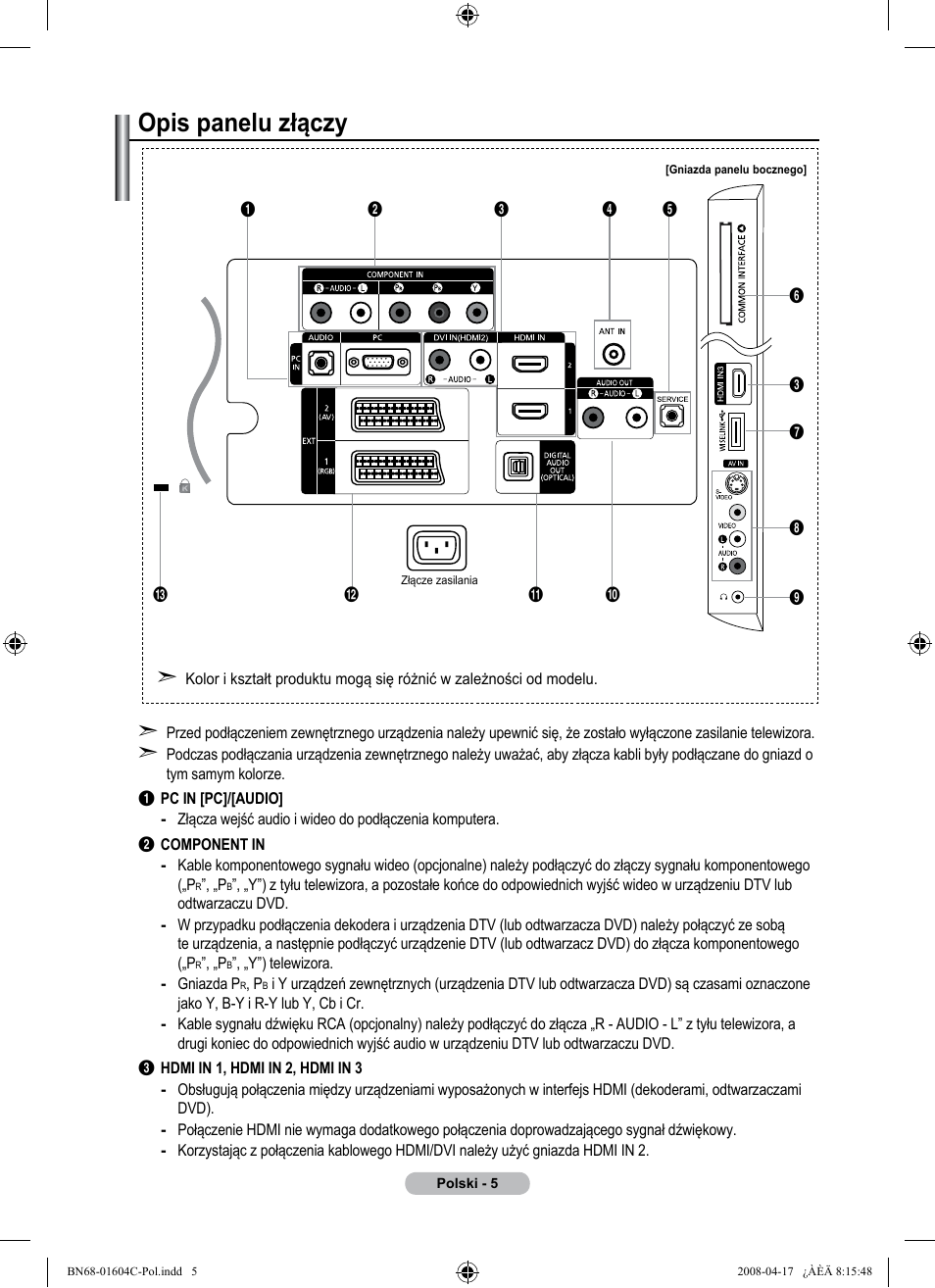 Opis panelu złączy | Samsung LE37A616A3F User Manual | Page 143 / 614