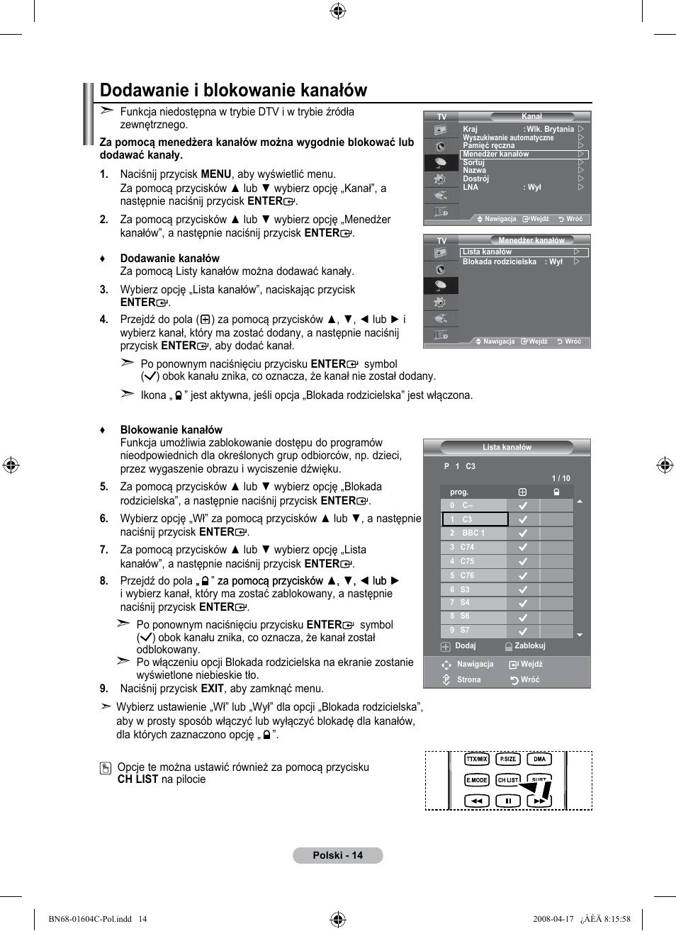 Dodawanie i blokowanie kanałów | Samsung LE37A616A3F User Manual | Page 152 / 614