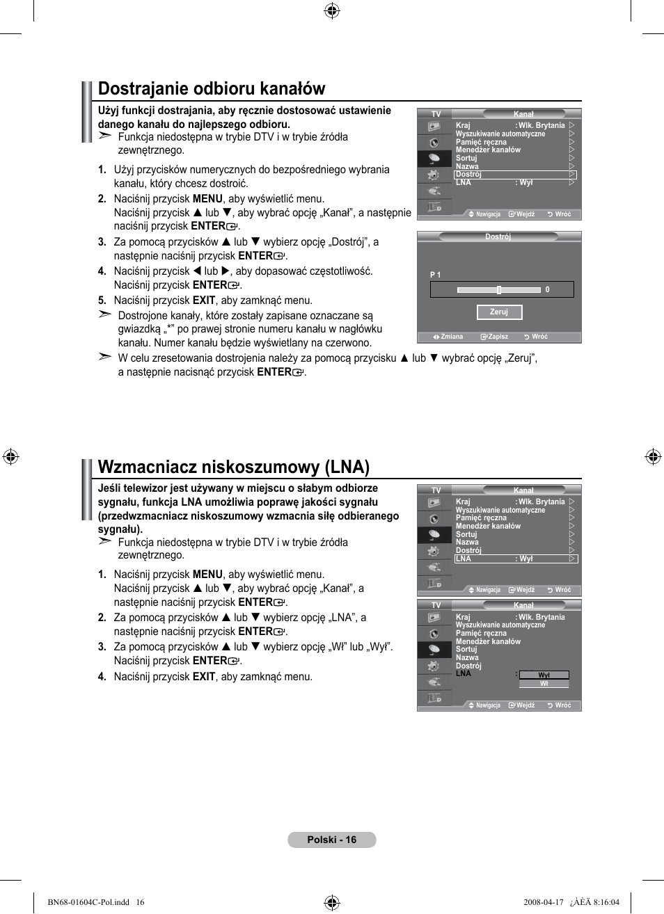 Dostrajanie odbioru kanałów, Wzmacniacz niskoszumowy (lna) | Samsung LE37A616A3F User Manual | Page 154 / 614