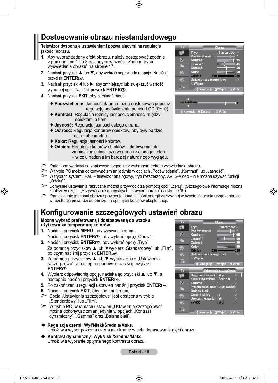 Dostosowanie obrazu niestandardowego, Konfigurowanie szczegółowych ustawień obrazu | Samsung LE37A616A3F User Manual | Page 156 / 614