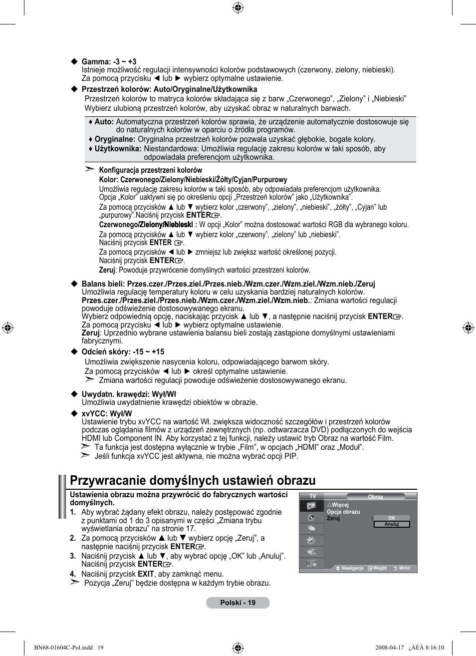 Przywracanie domyślnych ustawień obrazu | Samsung LE37A616A3F User Manual | Page 157 / 614