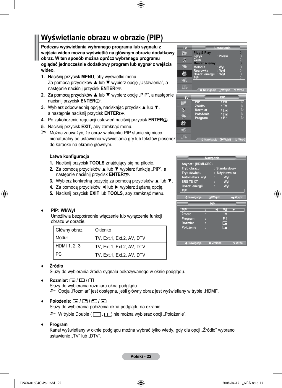 Wyświetlanie obrazu w obrazie (pip) | Samsung LE37A616A3F User Manual | Page 160 / 614