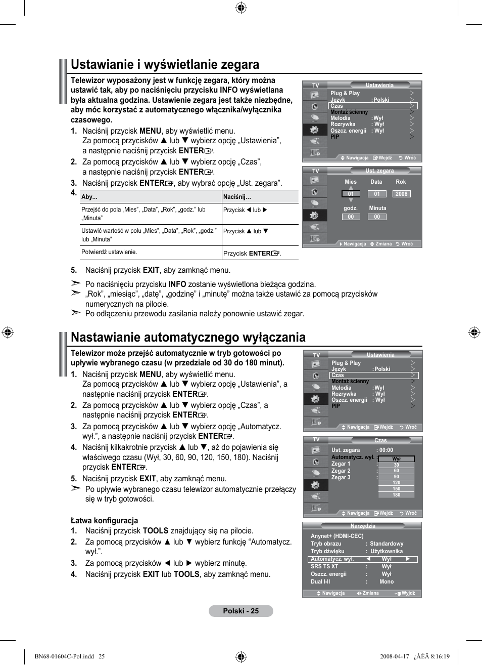 Ustawianie i wyświetlanie zegara, Nastawianie automatycznego wyłączania | Samsung LE37A616A3F User Manual | Page 163 / 614