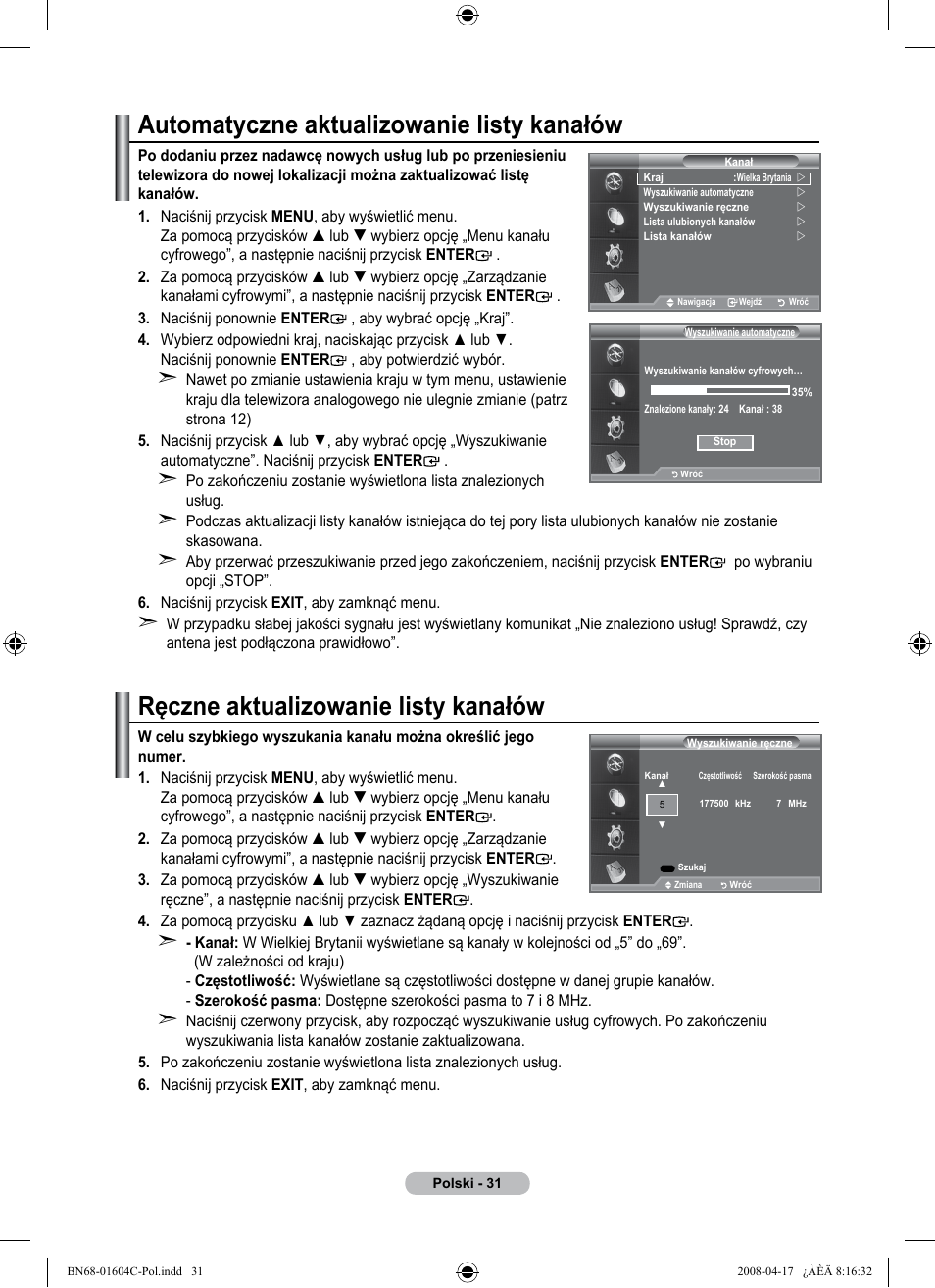 Automatyczne aktualizowanie listy kanałów, Ręczne aktualizowanie listy kanałów | Samsung LE37A616A3F User Manual | Page 169 / 614