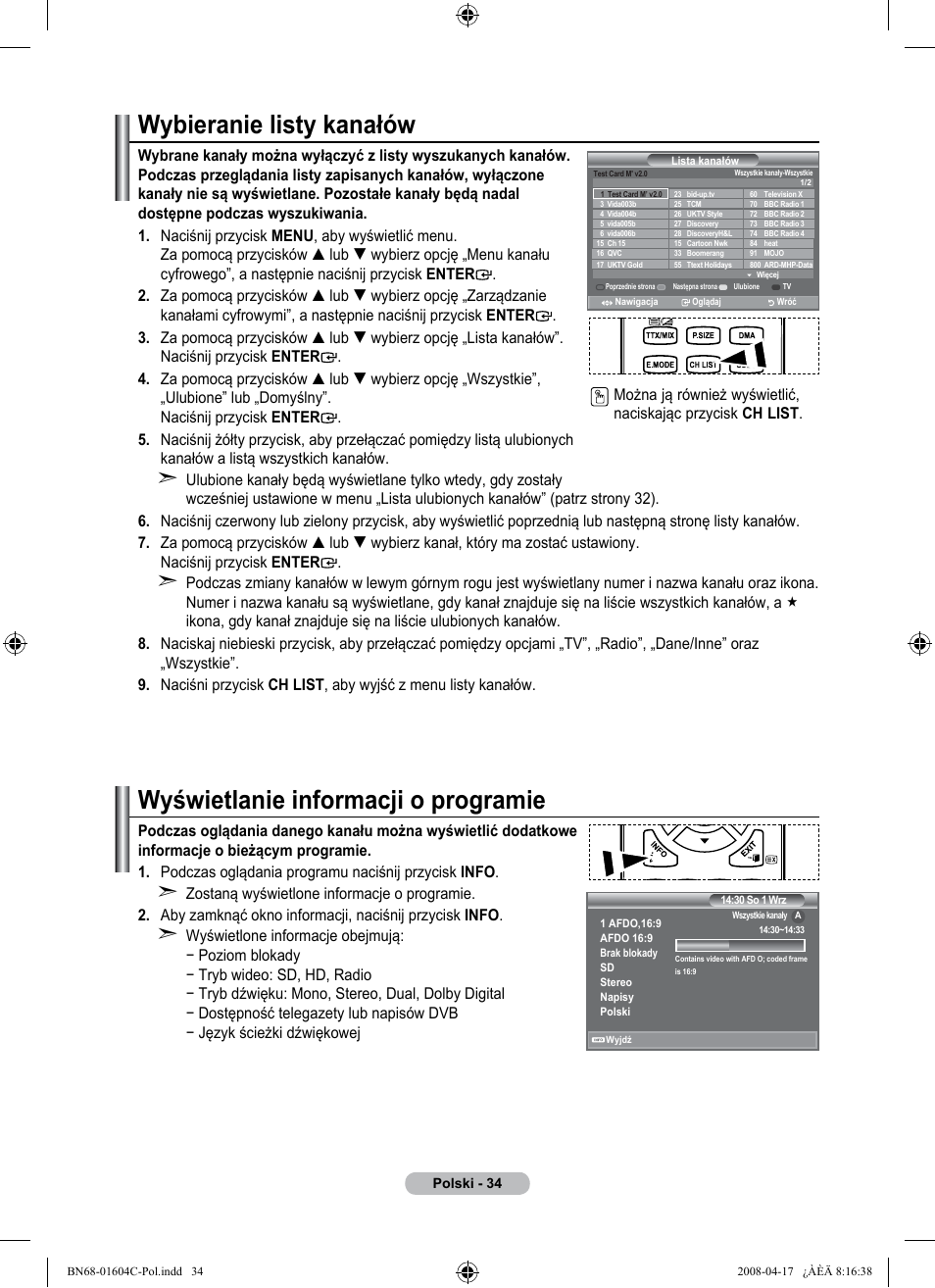 Wybieranie listy kanałów, Wyświetlanie informacji o programie | Samsung LE37A616A3F User Manual | Page 172 / 614