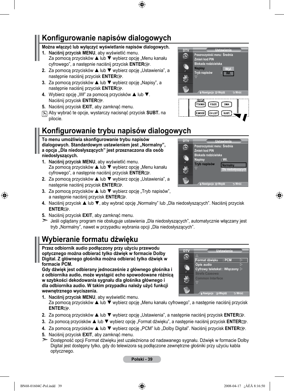 Konfigurowanie napisów dialogowych, Konfigurowanie trybu napisów dialogowych, Wybieranie formatu dźwięku | Samsung LE37A616A3F User Manual | Page 177 / 614