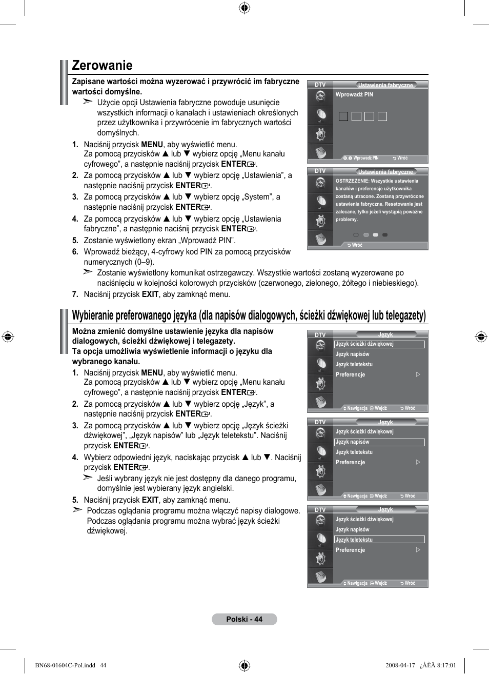 Zerowanie | Samsung LE37A616A3F User Manual | Page 182 / 614