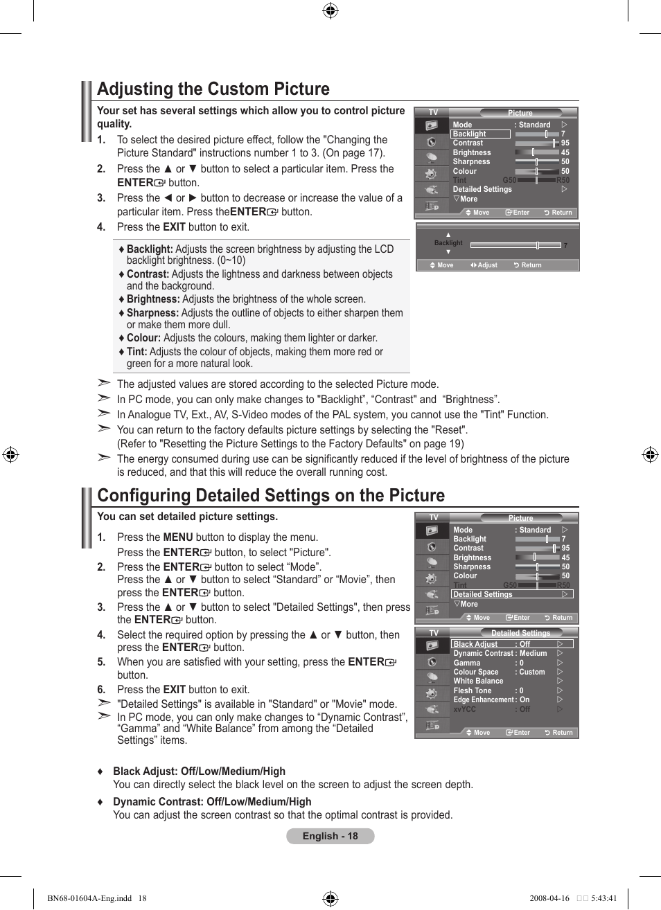 Adjusting the custom picture, Configuring detailed settings on the picture | Samsung LE37A616A3F User Manual | Page 20 / 614