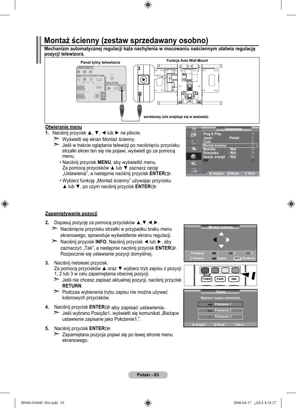 Montaż ścienny (zestaw sprzedawany osobno) | Samsung LE37A616A3F User Manual | Page 201 / 614