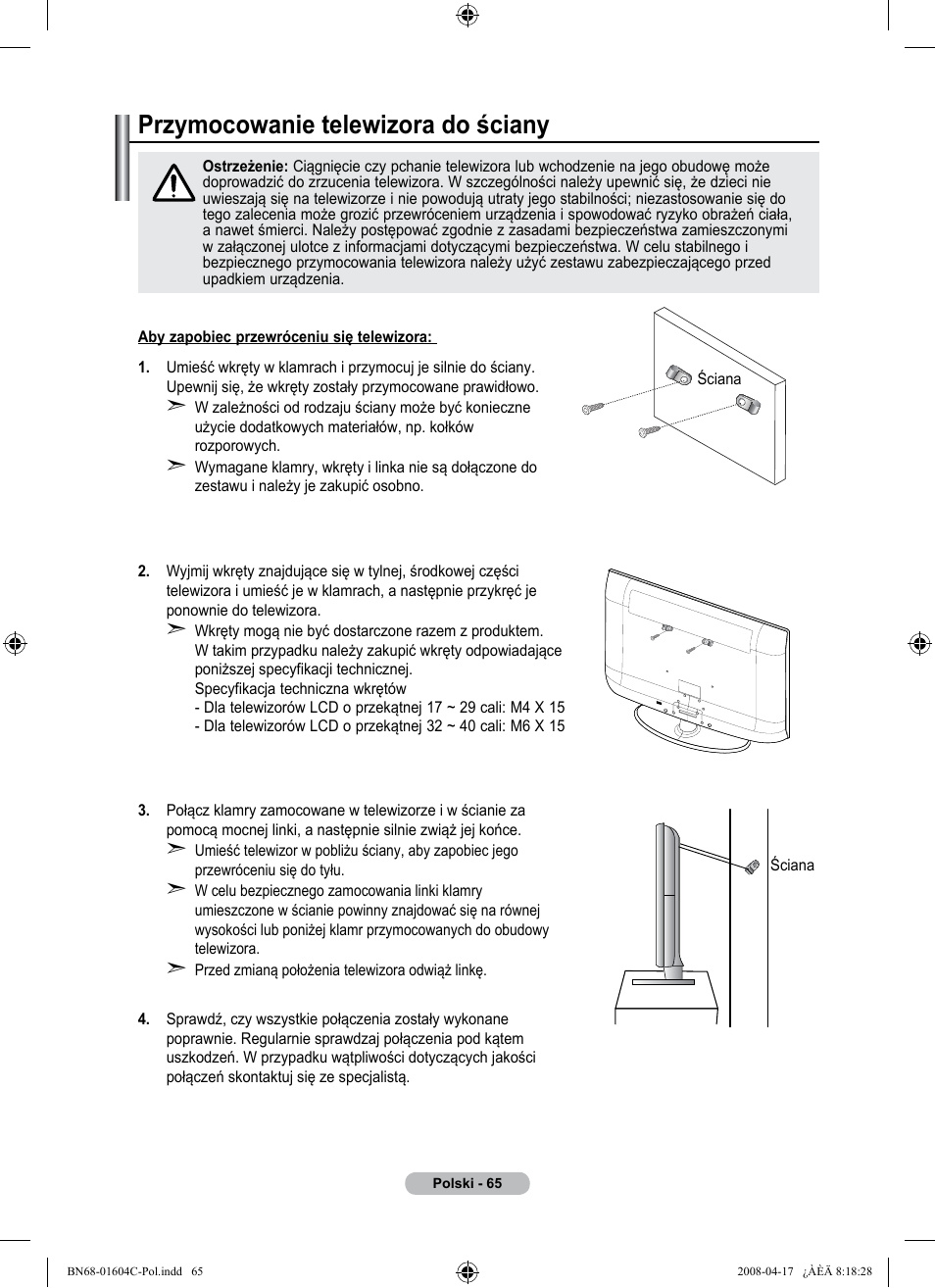 경고 주의 경고 주의, Przymocowanie telewizora do ściany | Samsung LE37A616A3F User Manual | Page 203 / 614