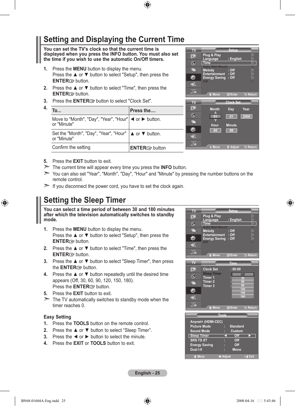 Setting the time, Setting and displaying the current time, Setting the sleep timer | To... press the, Or ► button, Or ▼ button. confirm the setting enter button | Samsung LE37A616A3F User Manual | Page 27 / 614