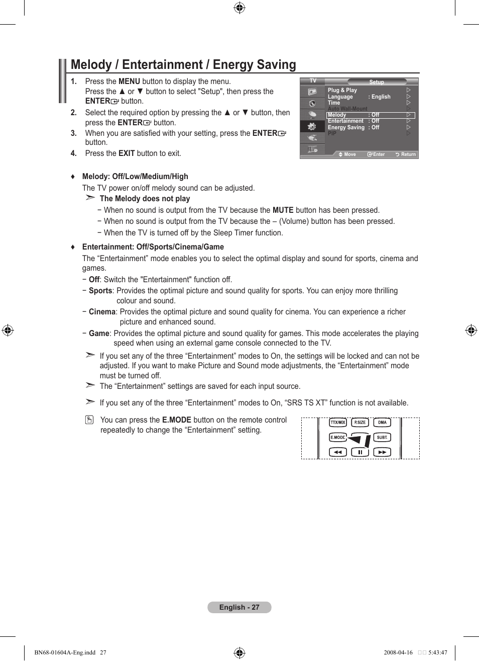 Melody / entertainment / energy saving | Samsung LE37A616A3F User Manual | Page 29 / 614