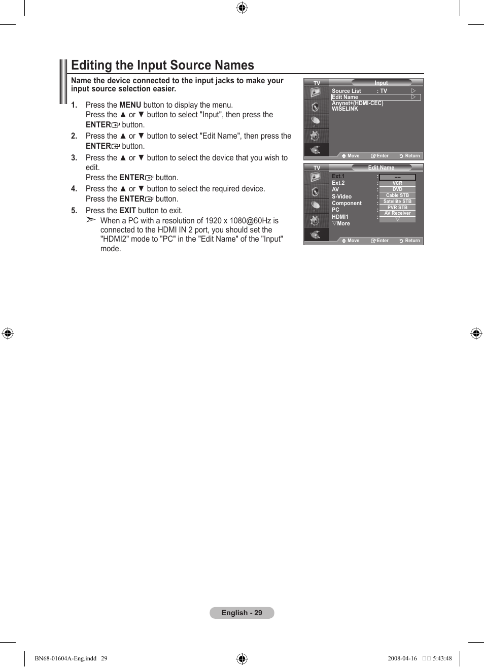 Editing the input source names | Samsung LE37A616A3F User Manual | Page 31 / 614