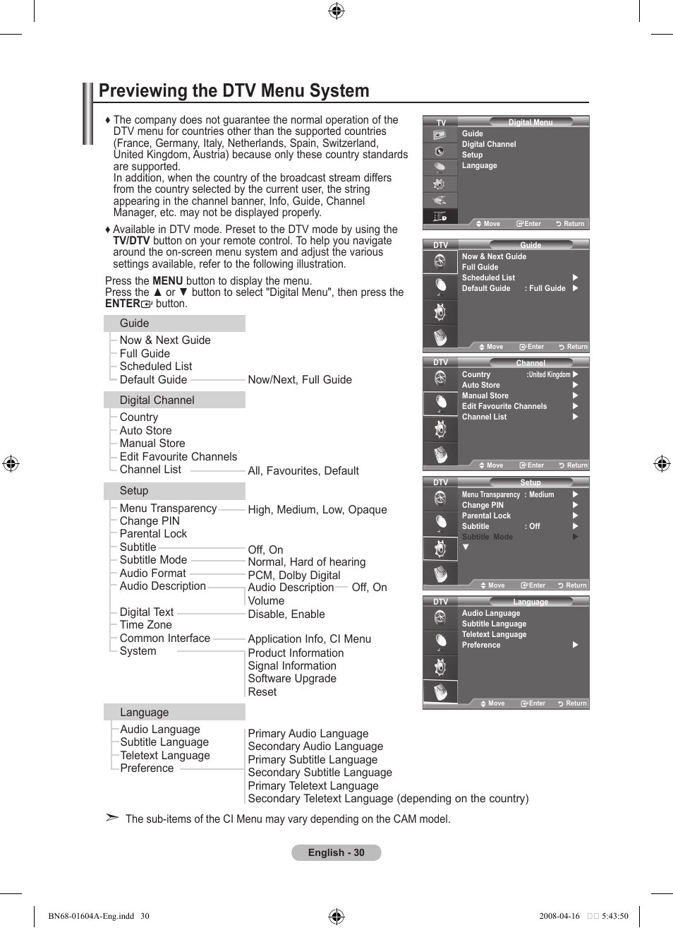 Using the dtv feature, Previewing the dtv menu system | Samsung LE37A616A3F User Manual | Page 32 / 614