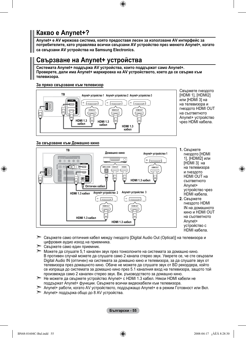 Какво е anynet, Свързване на anynet+ устройства | Samsung LE37A616A3F User Manual | Page 329 / 614