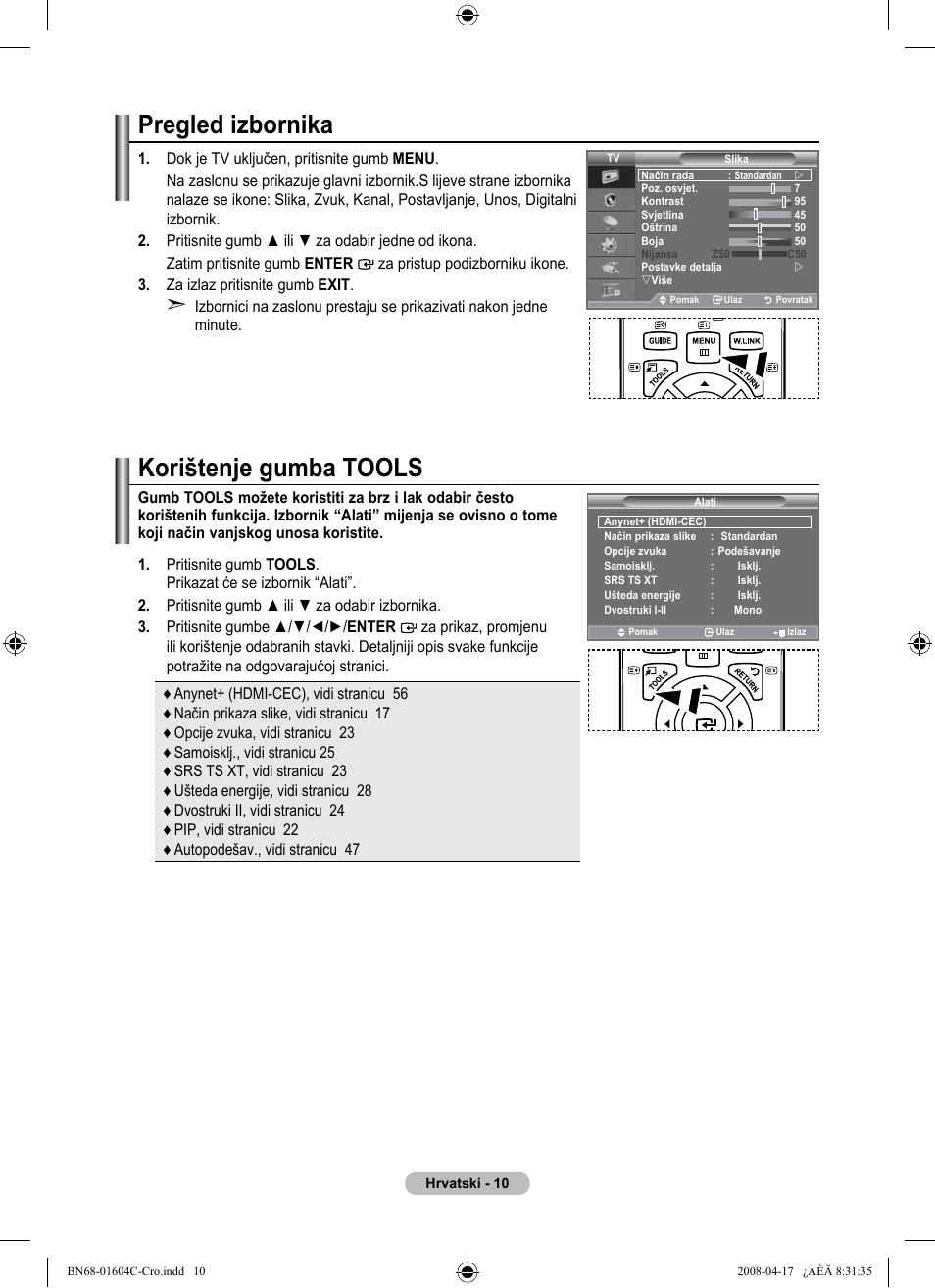 Pregled izbornika, Korištenje gumba tools | Samsung LE37A616A3F User Manual | Page 352 / 614
