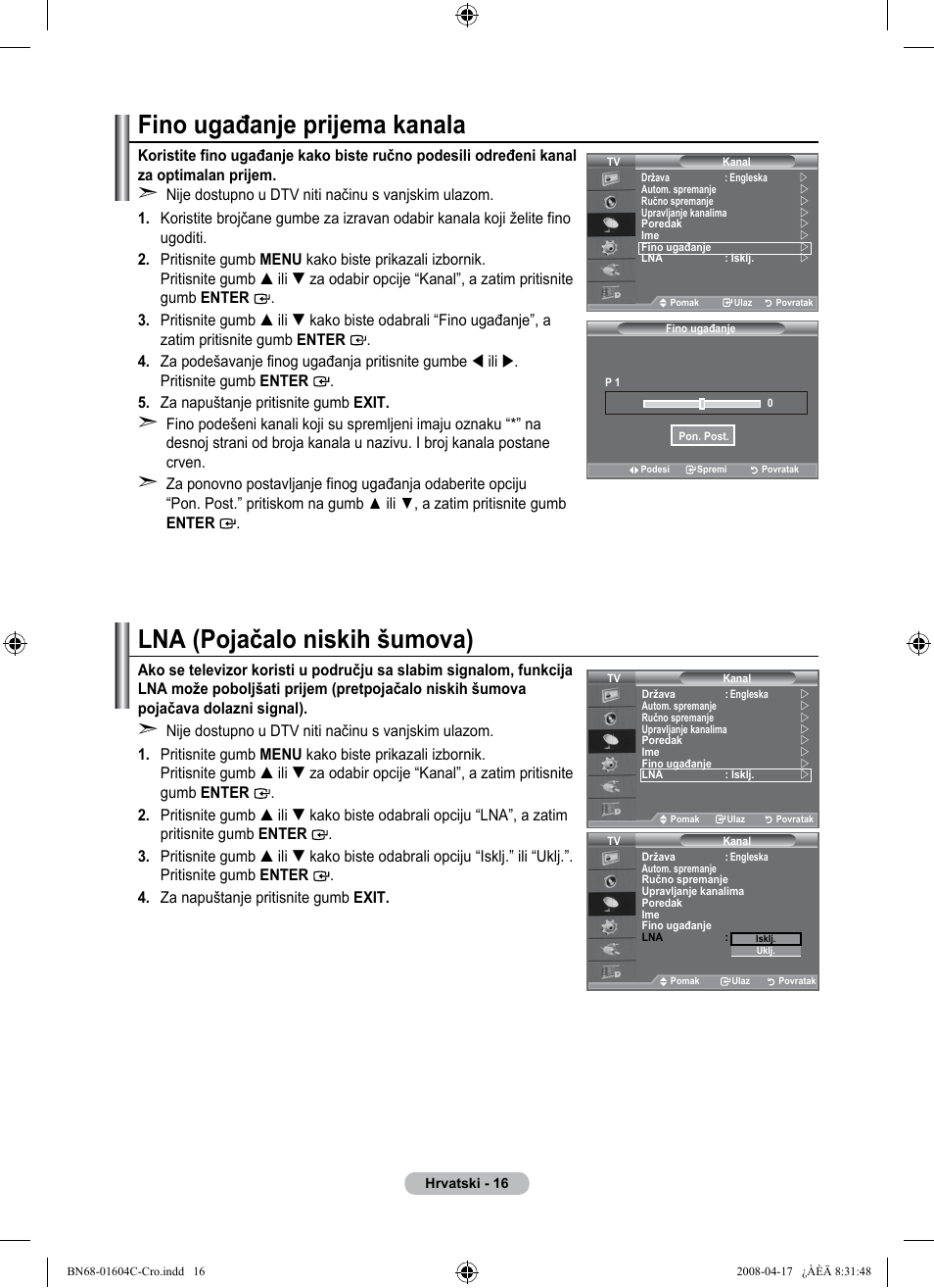 Fino ugađanje prijema kanala, Lna (pojačalo niskih šumova) | Samsung LE37A616A3F User Manual | Page 358 / 614