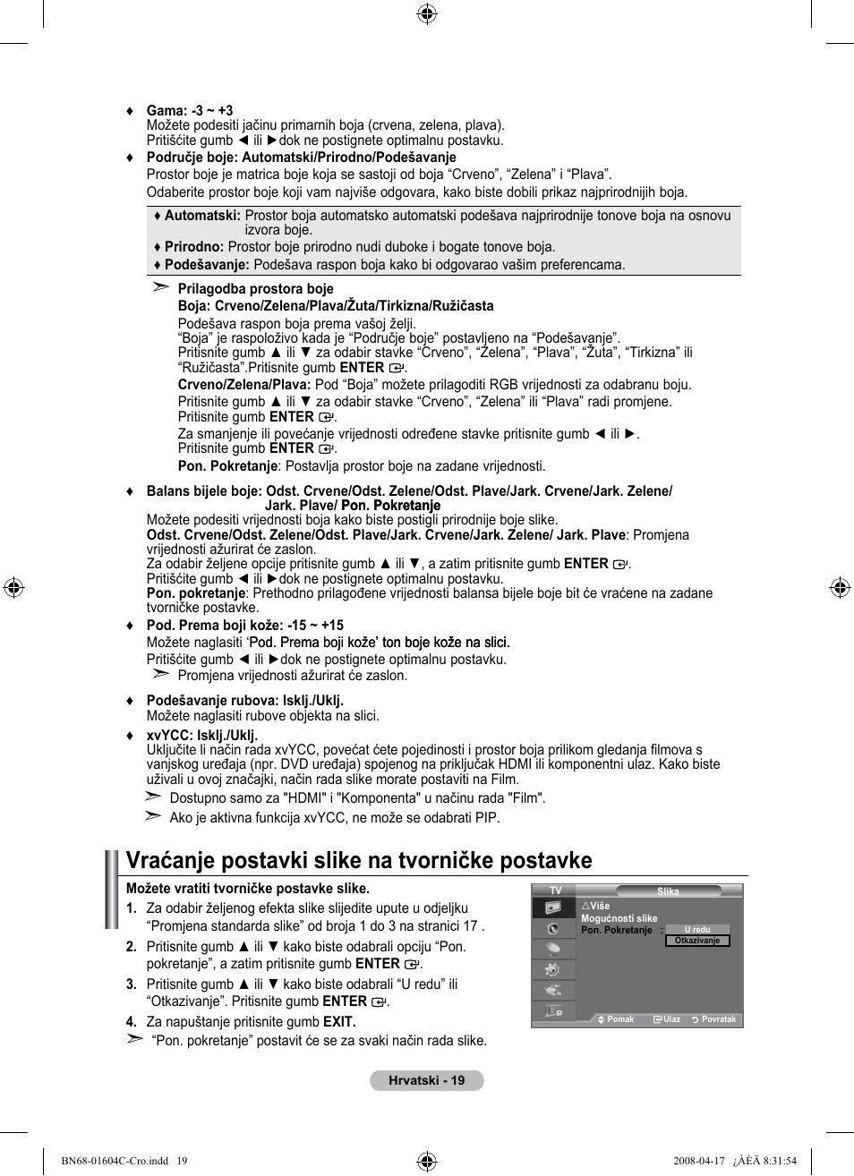 Vraćanje postavki slike na tvorničke postavke | Samsung LE37A616A3F User Manual | Page 361 / 614