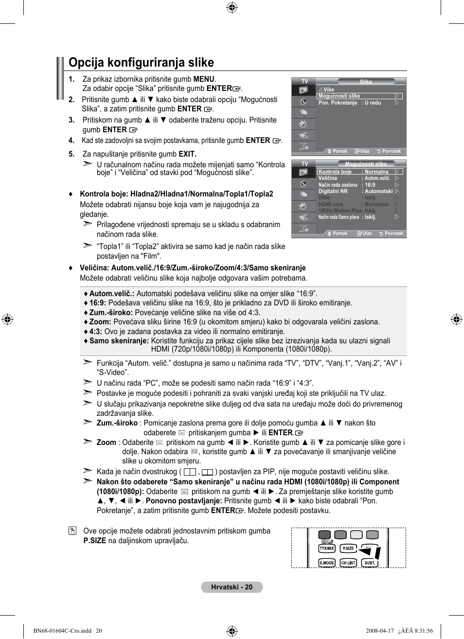 Opcija konfiguriranja slike | Samsung LE37A616A3F User Manual | Page 362 / 614