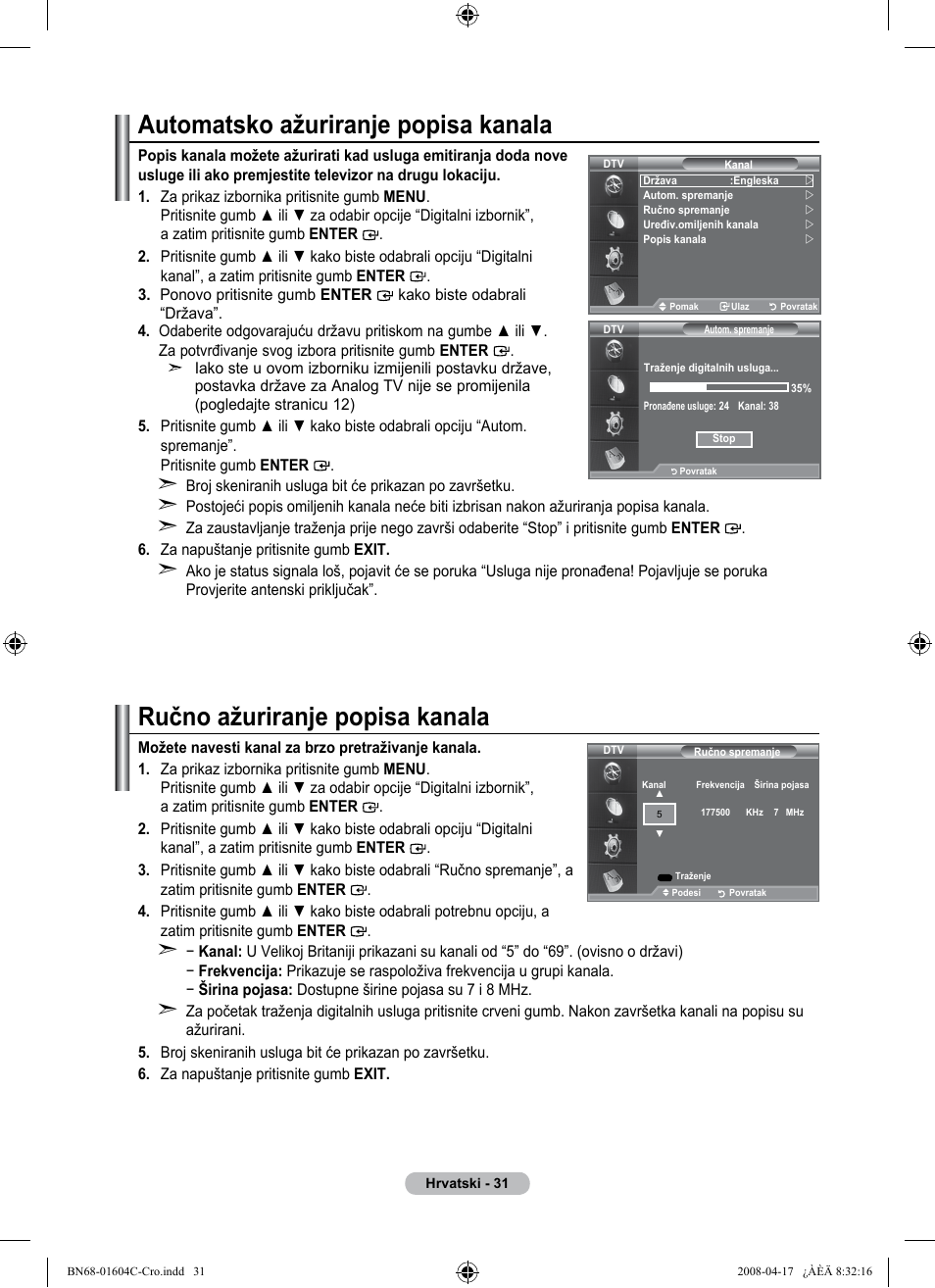Automatsko ažuriranje popisa kanala, Ručno ažuriranje popisa kanala | Samsung LE37A616A3F User Manual | Page 373 / 614
