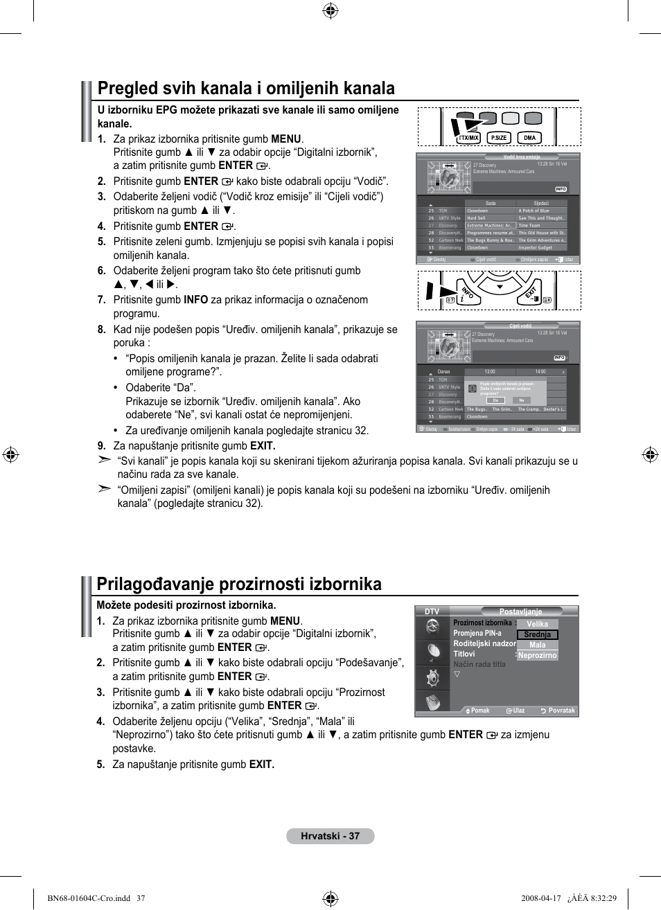 Pregled svih kanala i omiljenih kanala, Prilagođavanje prozirnosti izbornika | Samsung LE37A616A3F User Manual | Page 379 / 614