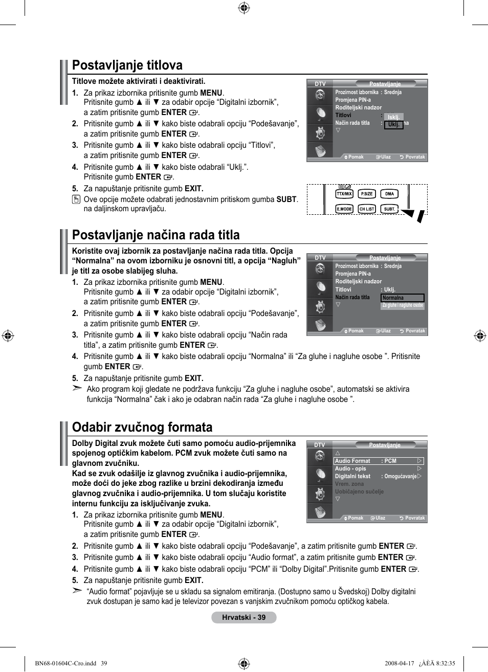Postavljanje titlova, Postavljanje načina rada titla, Odabir zvučnog formata | Samsung LE37A616A3F User Manual | Page 381 / 614