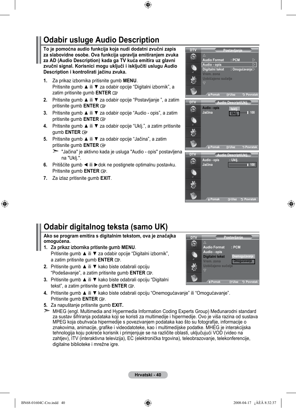 Odabir digitalnog teksta (samo uk), Odabir usluge audio description | Samsung LE37A616A3F User Manual | Page 382 / 614