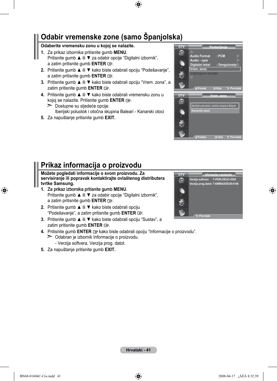 Odabir vremenske zone (samo španjolska), Prikaz informacija o proizvodu | Samsung LE37A616A3F User Manual | Page 383 / 614
