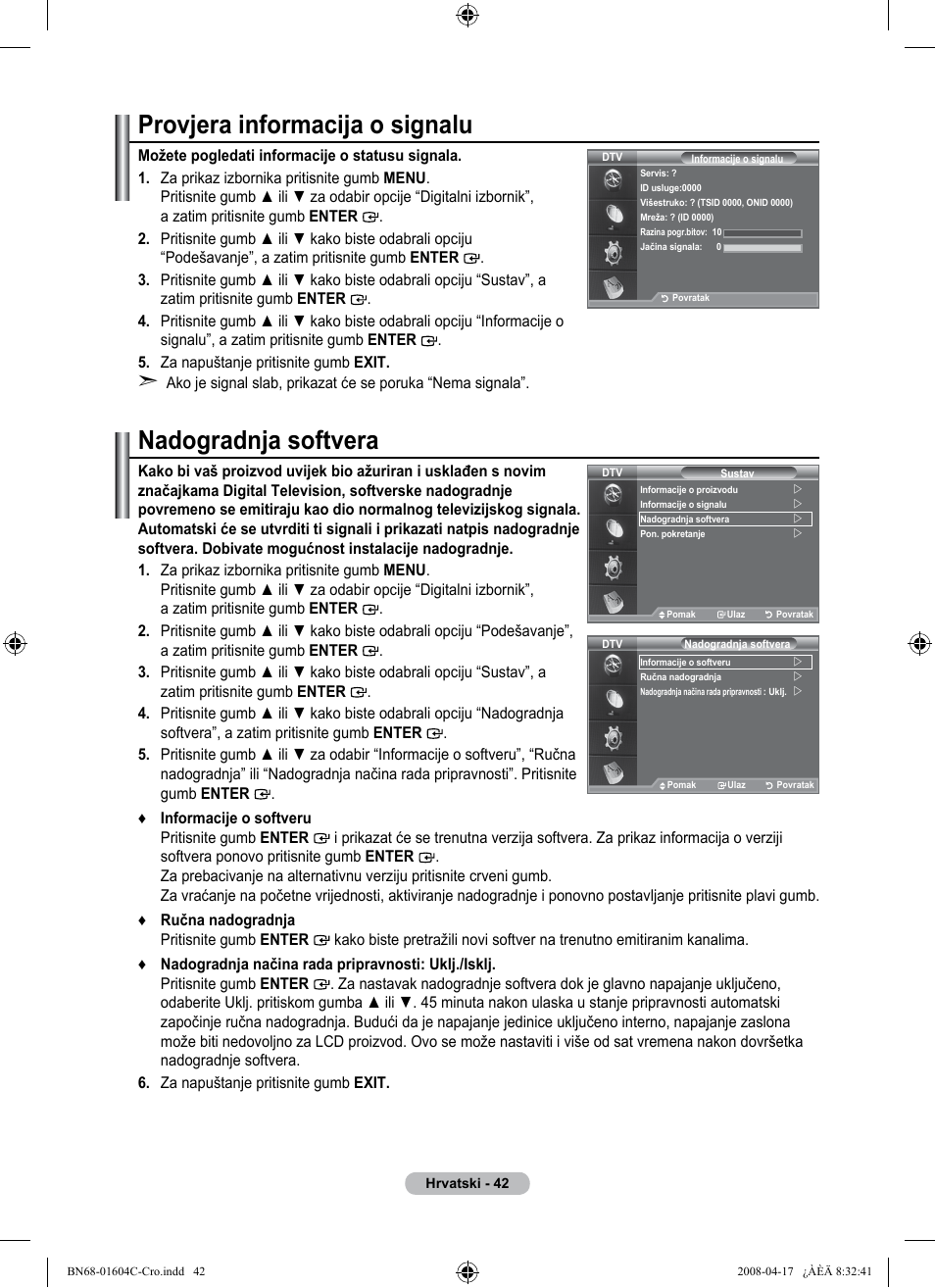 Provjera informacija o signalu, Nadogradnja softvera | Samsung LE37A616A3F User Manual | Page 384 / 614