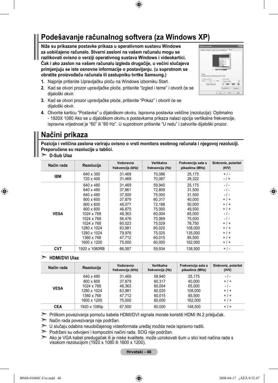 Podešavanje računalnog softvera (za windows xp), Načini prikaza | Samsung LE37A616A3F User Manual | Page 388 / 614