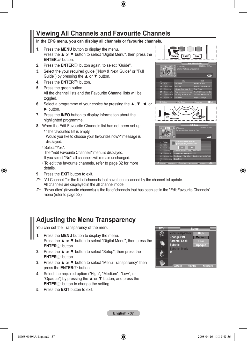 Viewing all channels and favourite channels, Adjusting the menu transparency | Samsung LE37A616A3F User Manual | Page 39 / 614