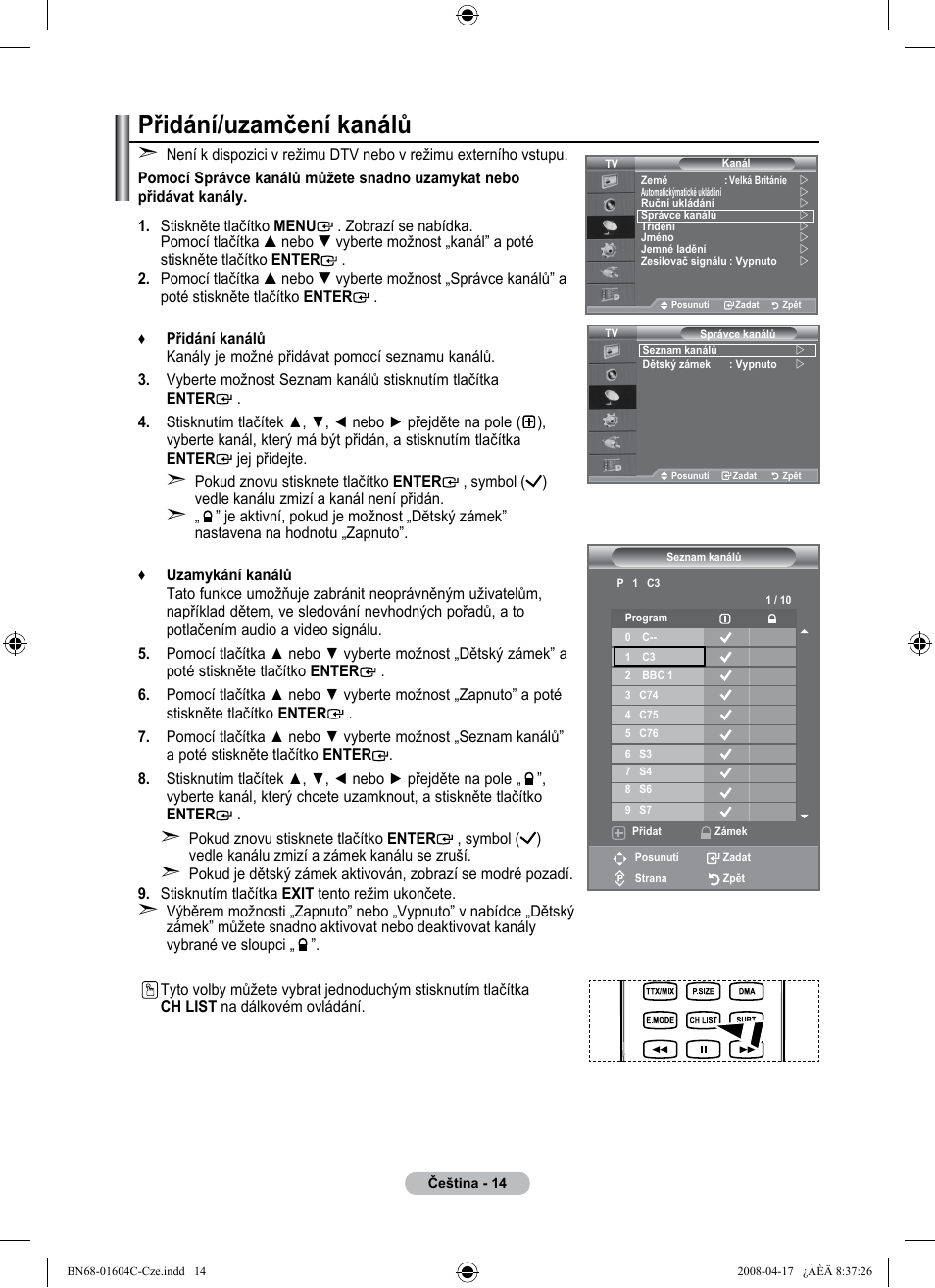 Přidání/uzamčení kanálů | Samsung LE37A616A3F User Manual | Page 424 / 614