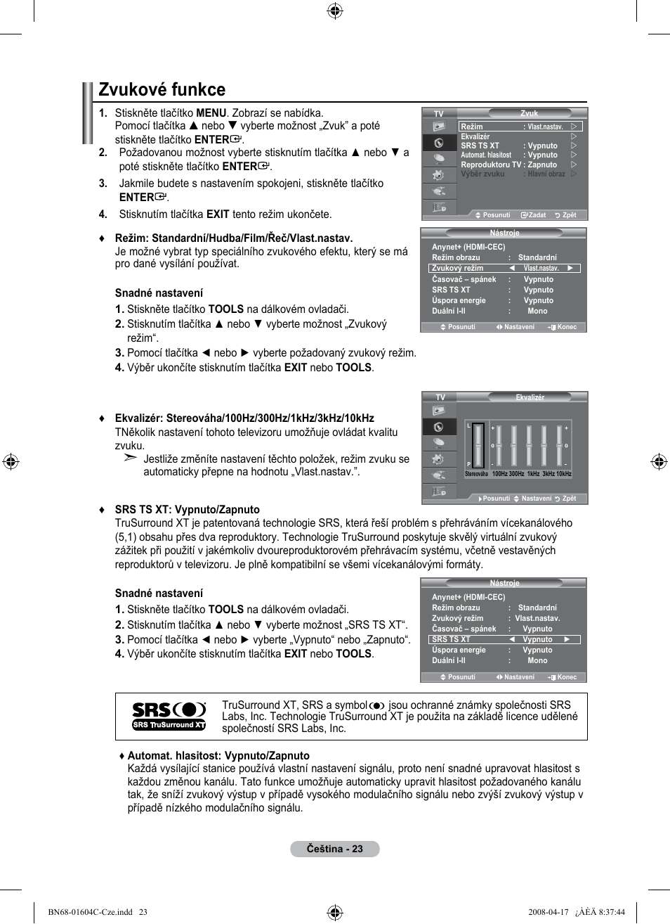 Zvukové funkce | Samsung LE37A616A3F User Manual | Page 433 / 614