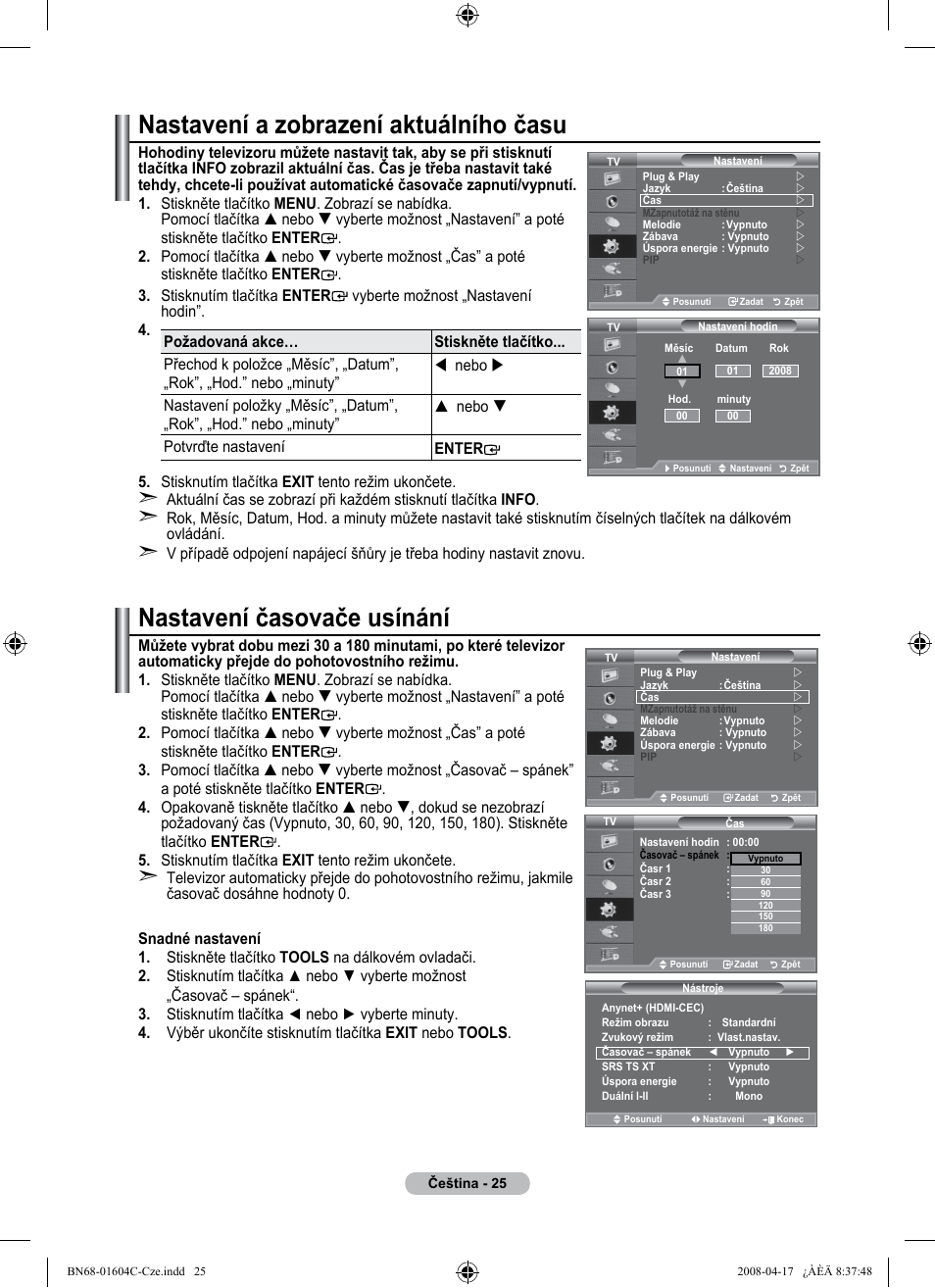 Nastavení a zobrazení aktuálního času, Nastavení časovače usínání | Samsung LE37A616A3F User Manual | Page 435 / 614