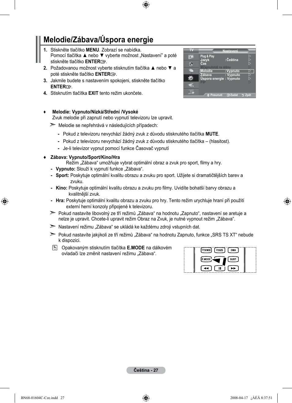 Melodie/zábava/úspora energie | Samsung LE37A616A3F User Manual | Page 437 / 614