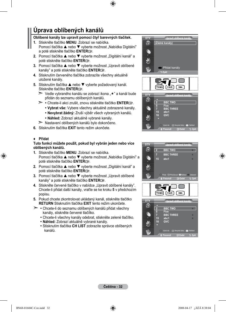 Úprava oblíbených kanálů | Samsung LE37A616A3F User Manual | Page 442 / 614