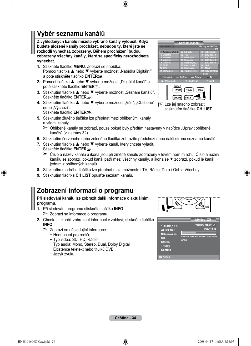 Výběr seznamu kanálů, Zobrazení informací o programu | Samsung LE37A616A3F User Manual | Page 444 / 614