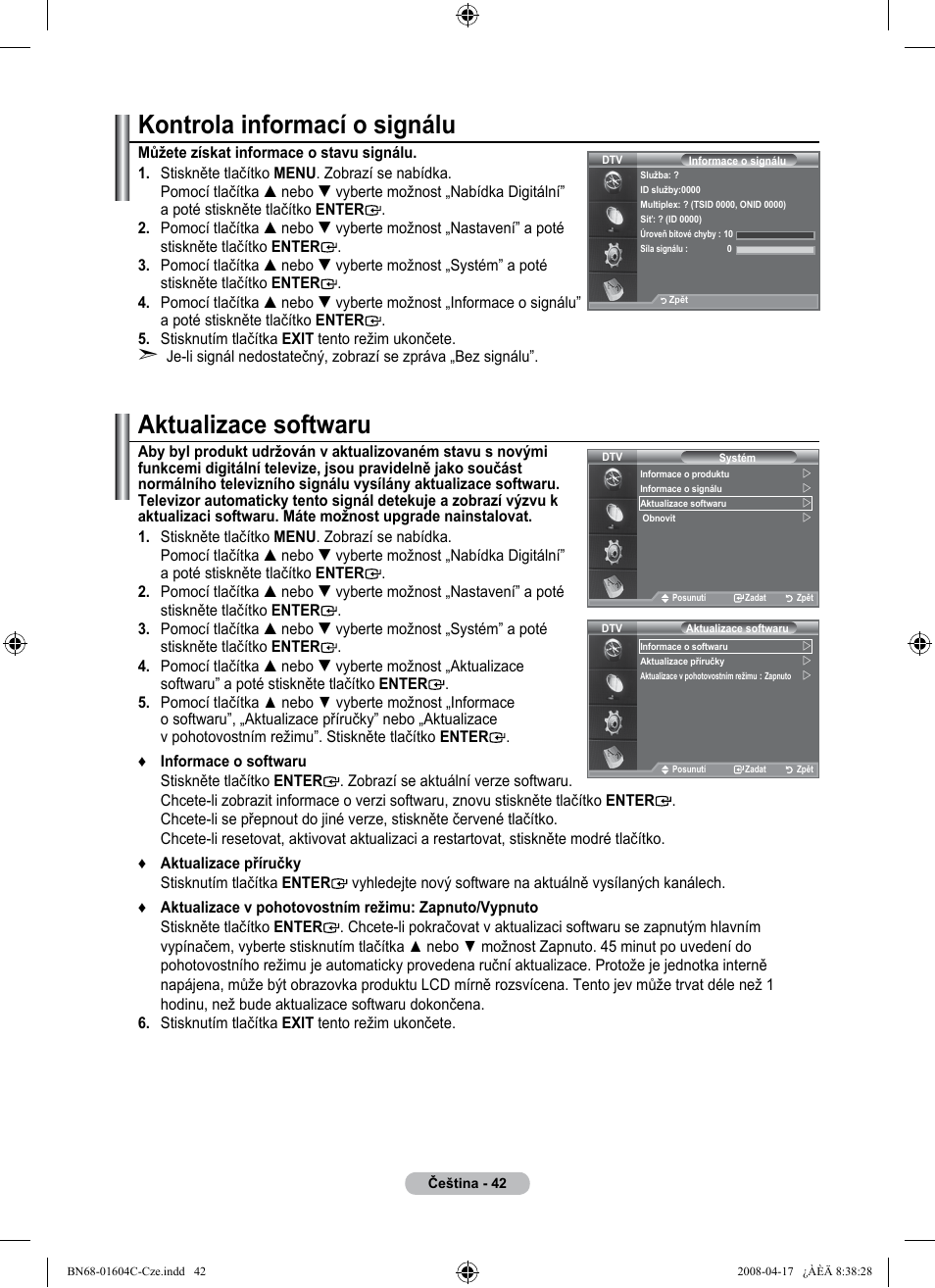 Kontrola informací o signálu, Aktualizace softwaru | Samsung LE37A616A3F User Manual | Page 452 / 614