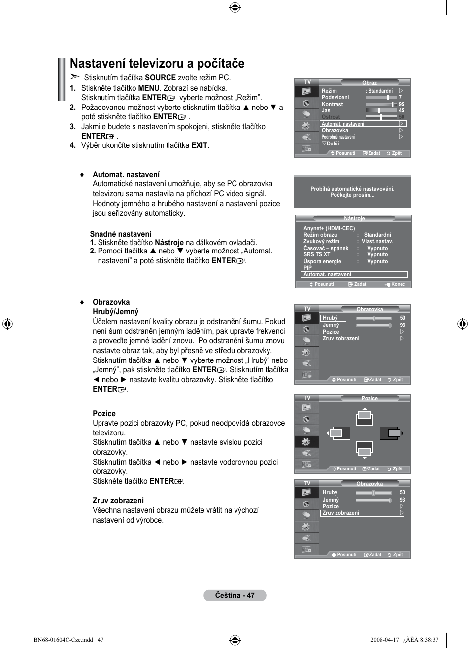 Nastavení televizoru a počítače | Samsung LE37A616A3F User Manual | Page 457 / 614