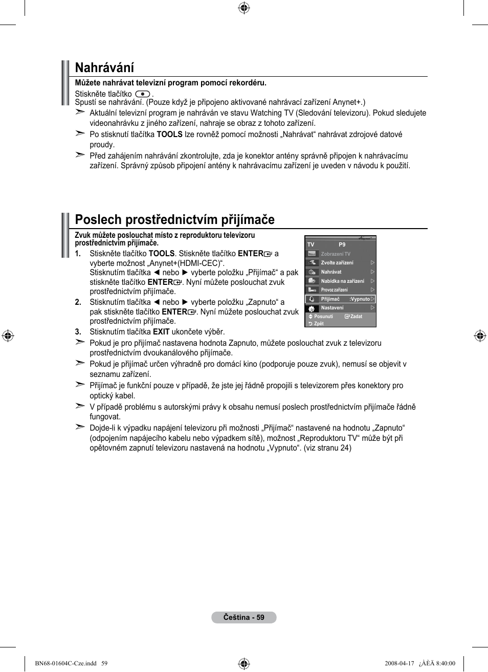 Poslech prostřednictvím přijímače, Nahrávání | Samsung LE37A616A3F User Manual | Page 469 / 614