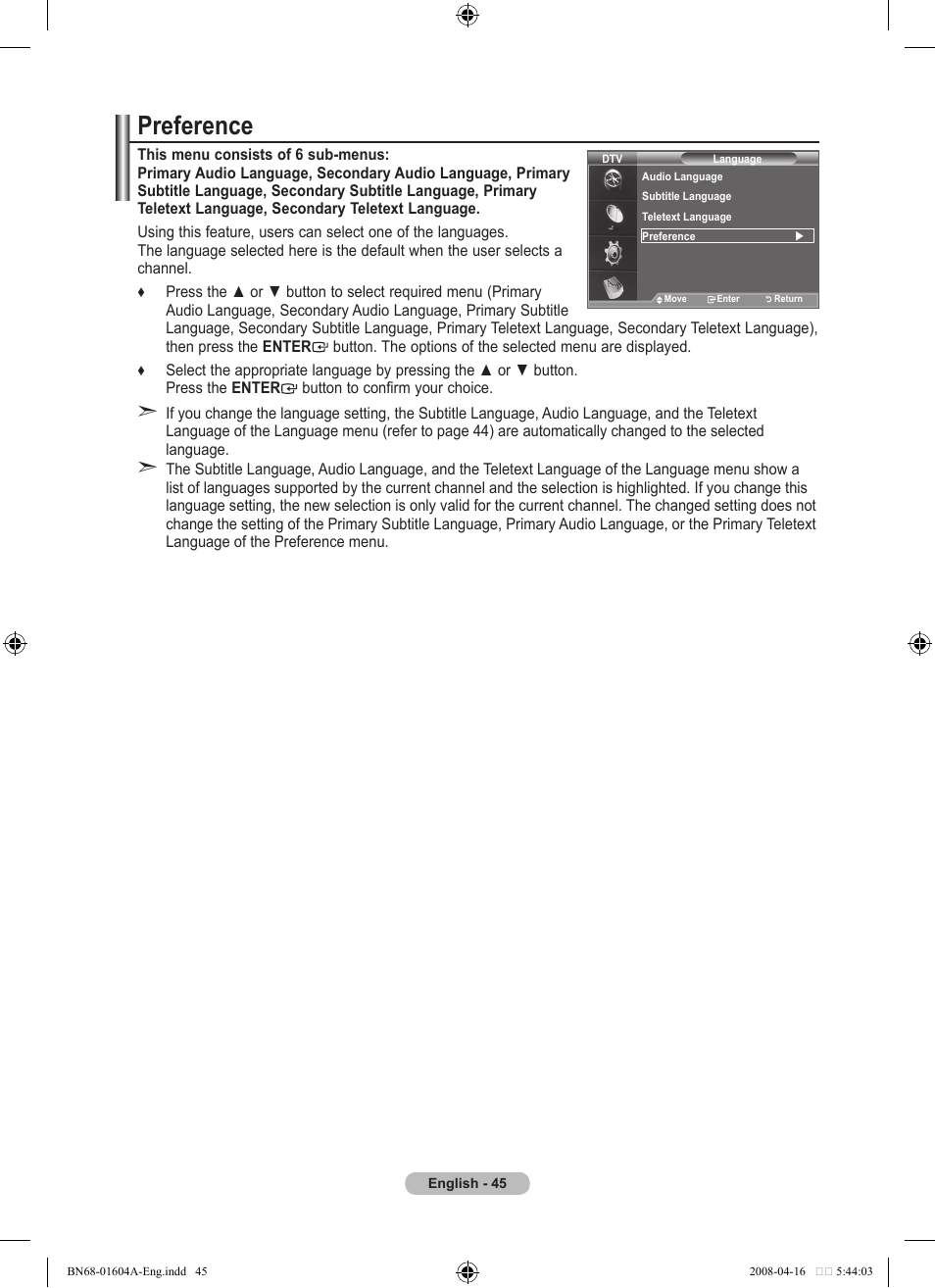 Preference | Samsung LE37A616A3F User Manual | Page 47 / 614