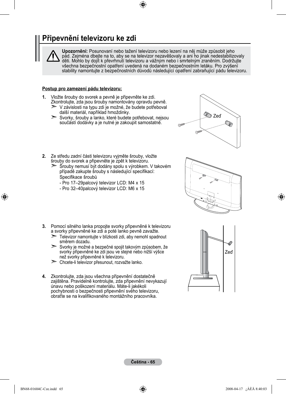 경고 주의 경고 주의, Připevnění televizoru ke zdi | Samsung LE37A616A3F User Manual | Page 475 / 614