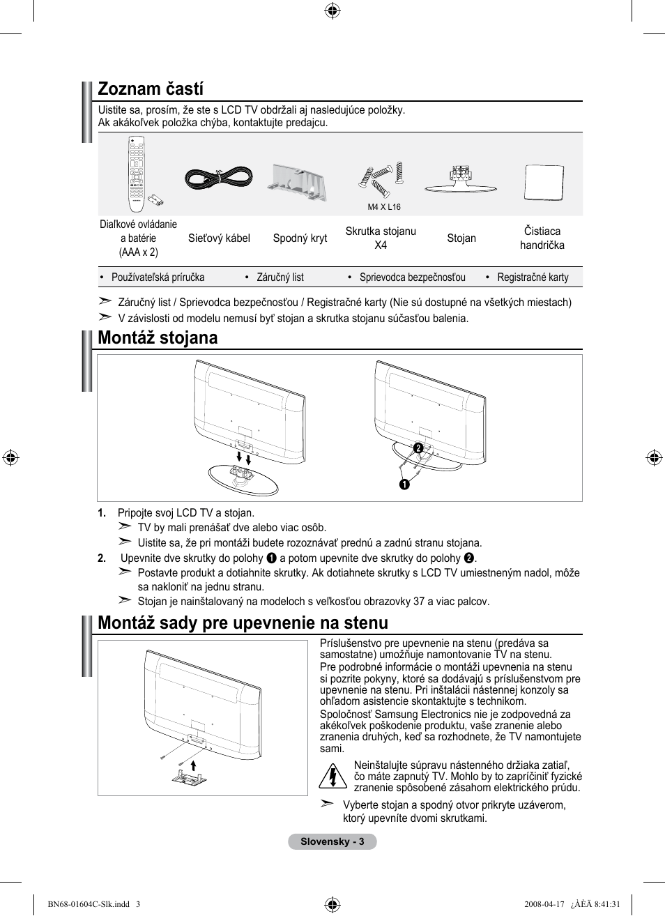 Zoznam častí, Montáž sady pre upevnenie na stenu, Montáž stojana | Samsung LE37A616A3F User Manual | Page 481 / 614