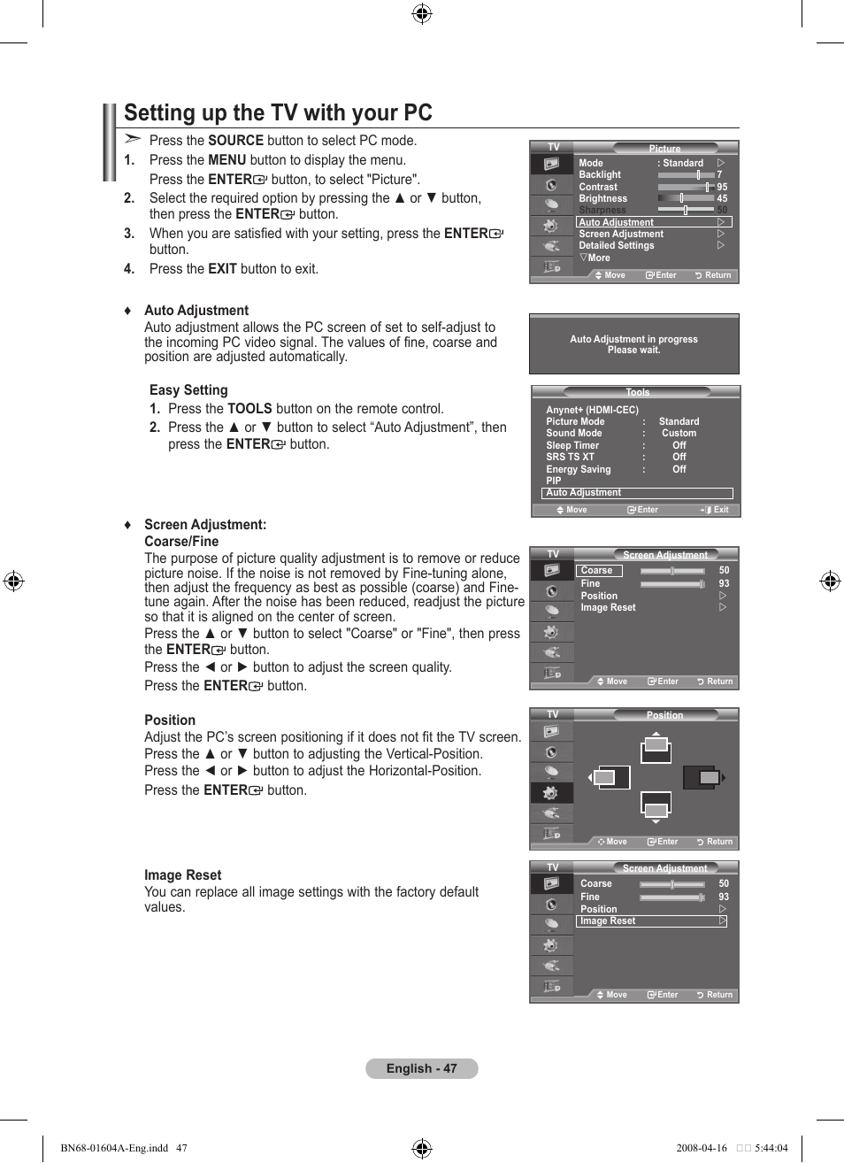 Setting up the tv with your pc | Samsung LE37A616A3F User Manual | Page 49 / 614