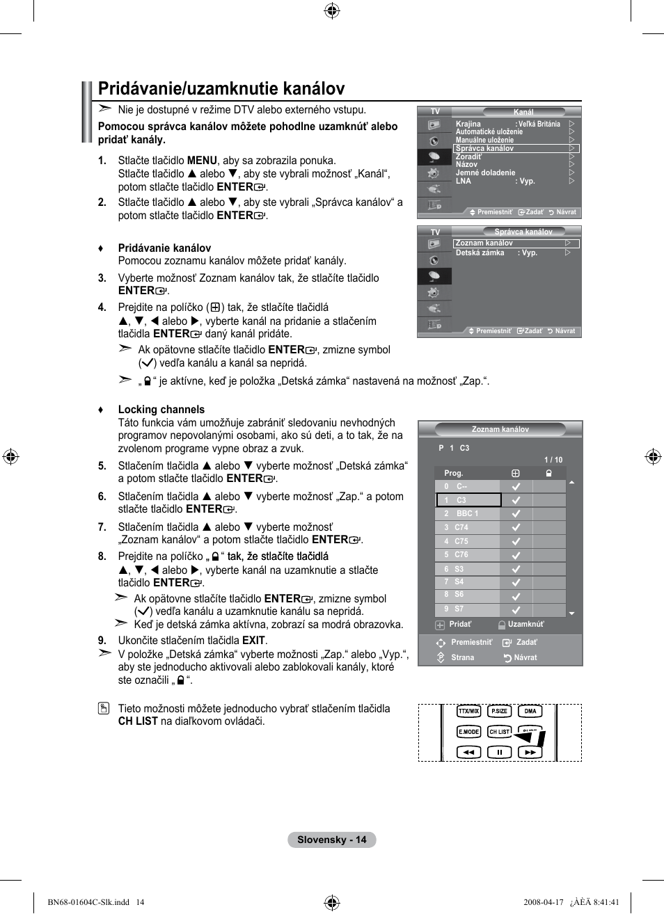 Pridávanie/uzamknutie kanálov | Samsung LE37A616A3F User Manual | Page 492 / 614
