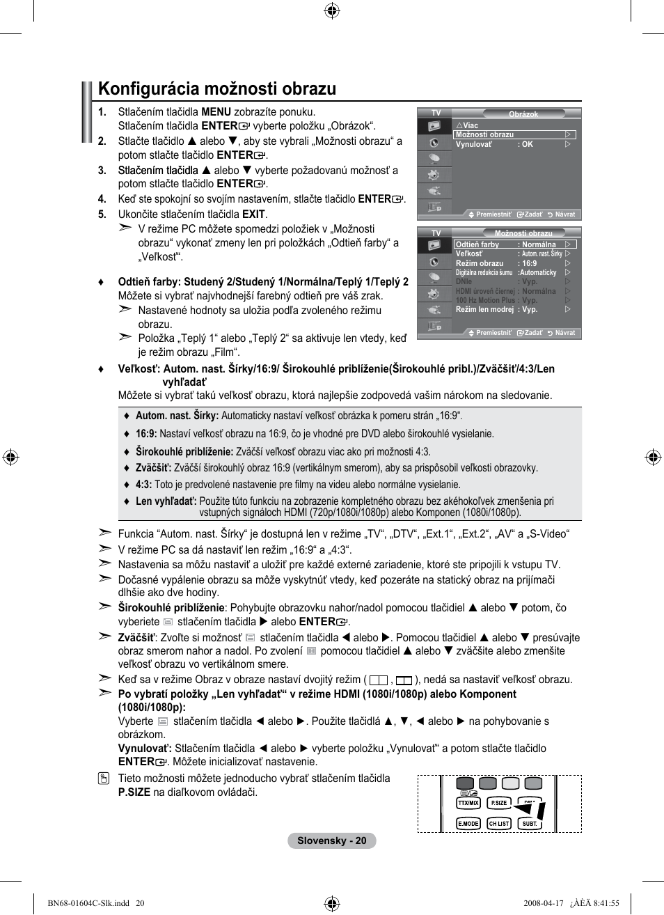Konfigurácia možnosti obrazu | Samsung LE37A616A3F User Manual | Page 498 / 614