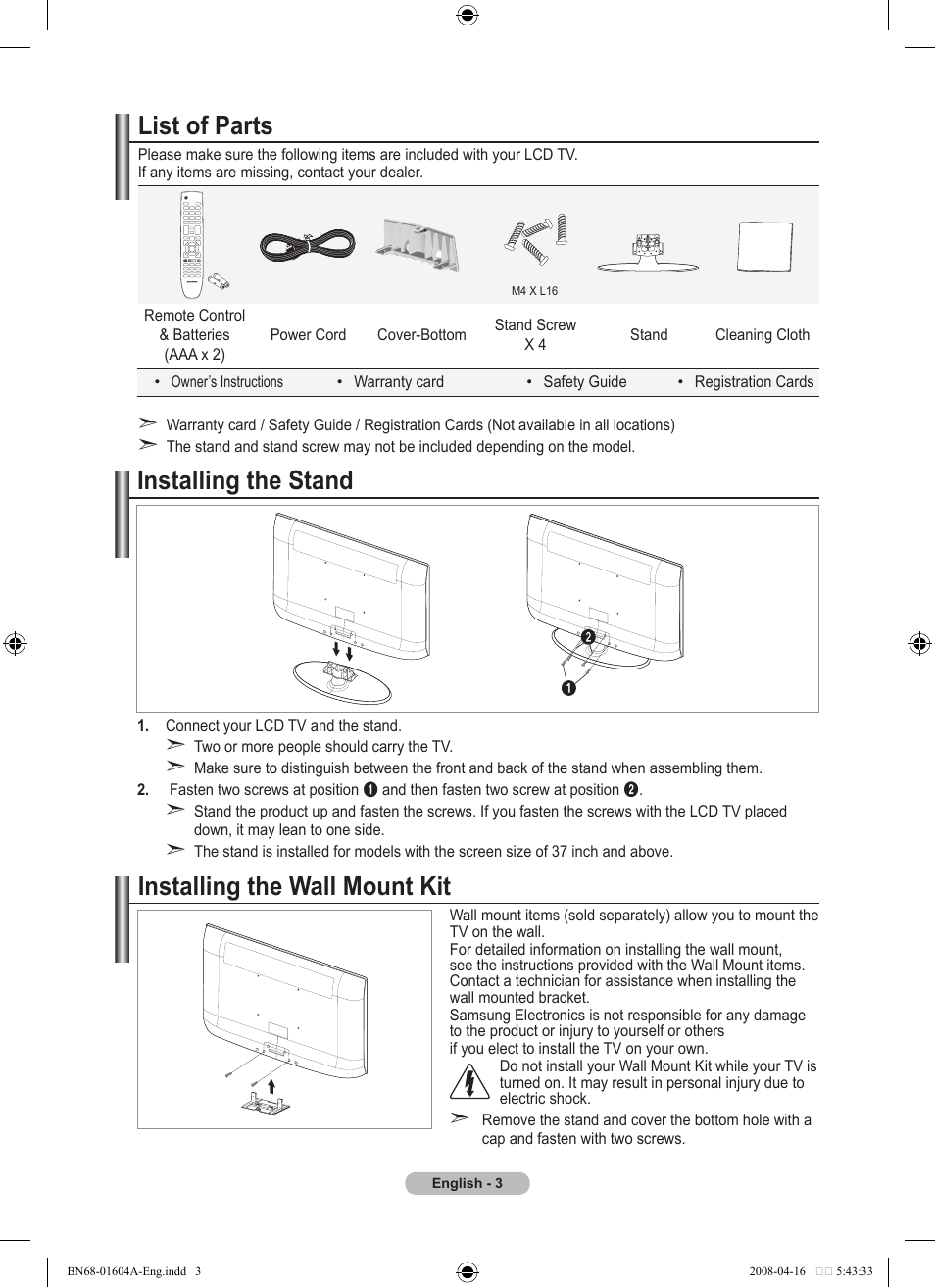 Connecting and preparing your tv, List of parts, Installing the stand | Installing the wall mount kit | Samsung LE37A616A3F User Manual | Page 5 / 614