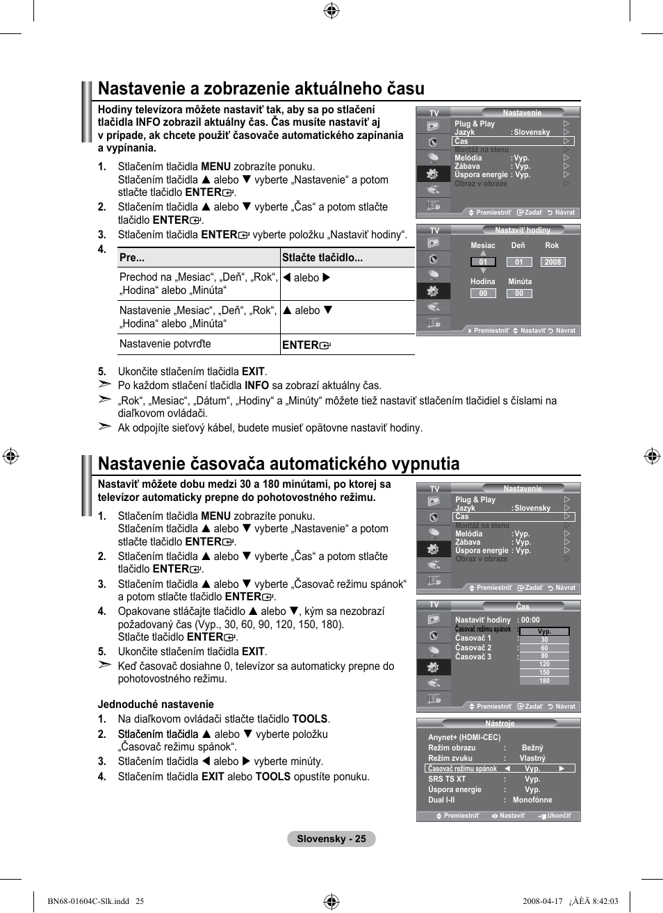 Nastavenie a zobrazenie aktuálneho času, Nastavenie časovača automatického vypnutia | Samsung LE37A616A3F User Manual | Page 503 / 614
