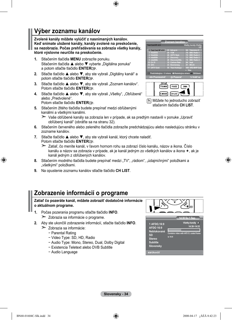 Výber zoznamu kanálov, Zobrazenie informácií o programe | Samsung LE37A616A3F User Manual | Page 512 / 614